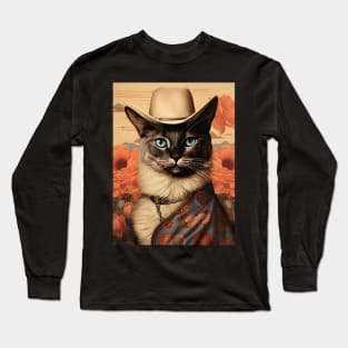 Retro Vintage Cowboy Siamese Cat - Whiskered Wild West Adventure Long Sleeve T-Shirt